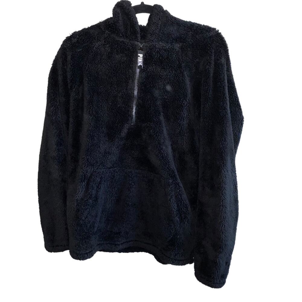 Victoria’s Secret PINK Sherpa Pullover XS Black Fuzzy Half Zip Cozy Hoodie